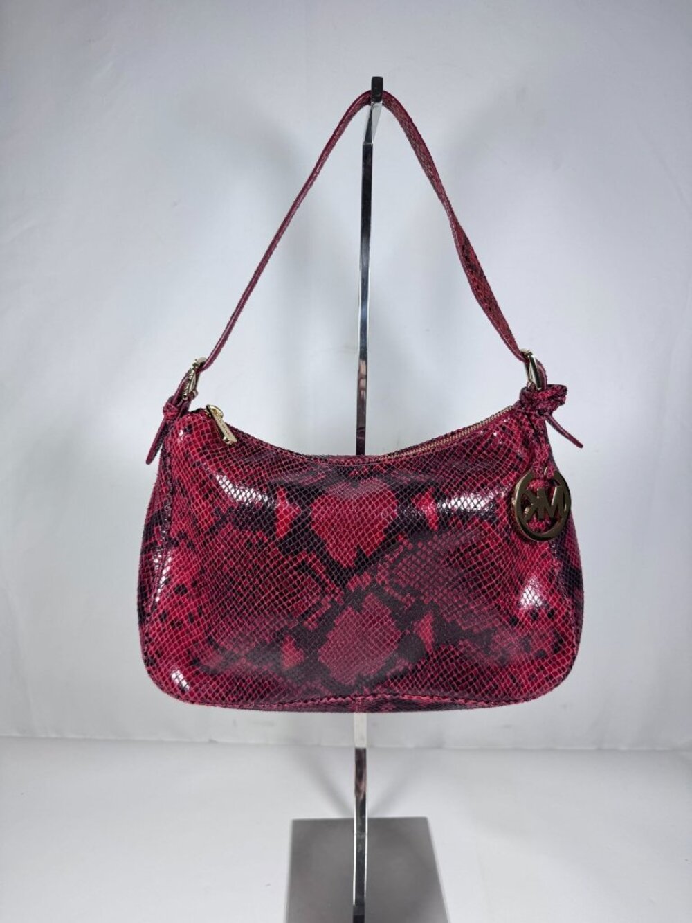 Michael Kors Red Snake Print Shoulder Bag Gold-Tone Hardware Zipper Closure Logo
